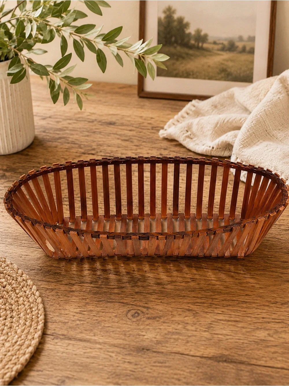 Vintage Wooden Slat Basket Oval Bread Basket Farmhouse Rustic Cottagecore Decor